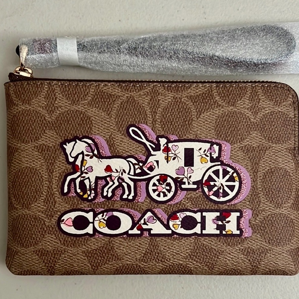 Coach Brown Wristlet with Pink and White Carriage Design